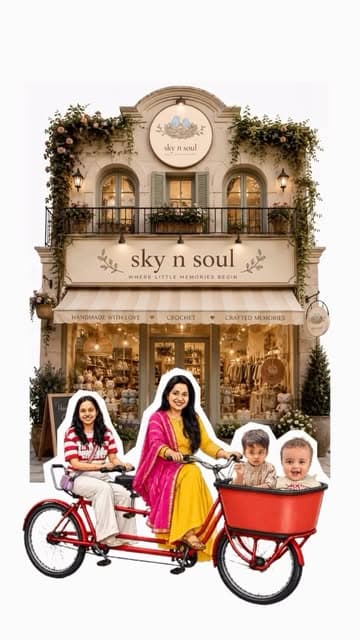 Family on a red tandem bicycle in front of a Sky n Soul shopfront