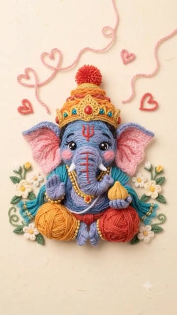 Crochet Ganesha surrounded by yarn and embroidered flowers