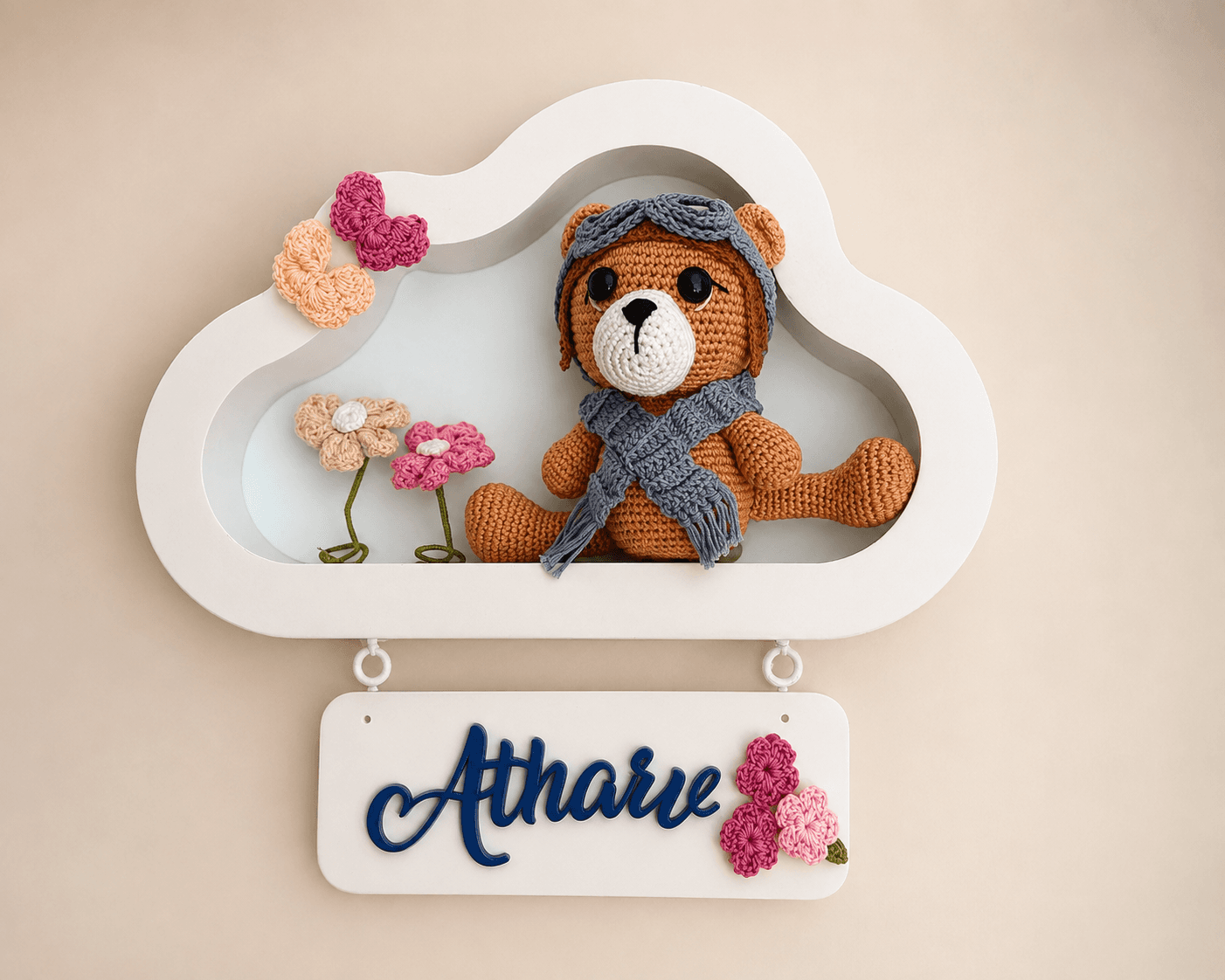 Cloud Nest little pilot bear nameplate in a cloud-shaped frame