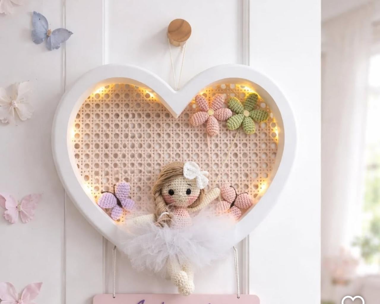 Rattan heart wall frame with crochet details
