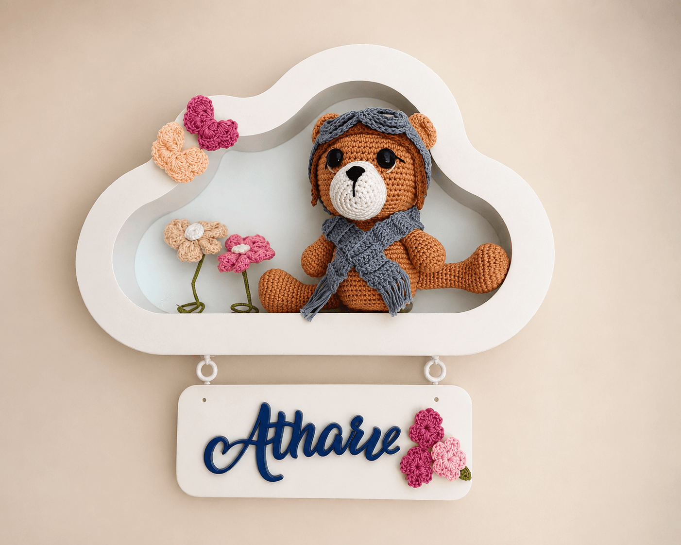 Cloud Nest little pilot bear nameplate in a cloud-shaped frame