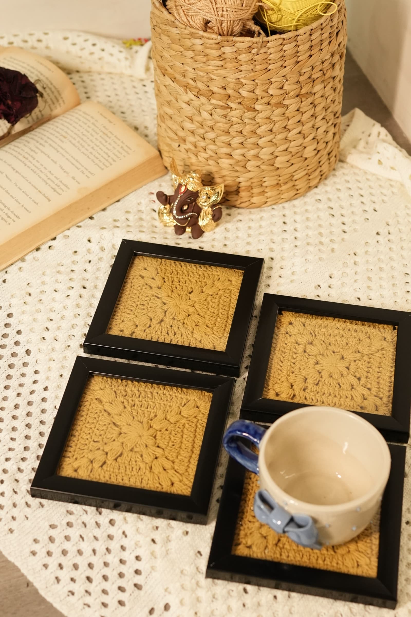 Set of 4 photo frame inspired crochet tea coasters